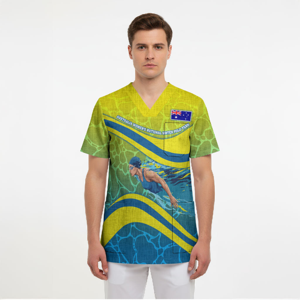 Personalized Australia Water Polo Swimmer Scrub Top Dynamic Swimmer With Wave Pattern And National Colors
