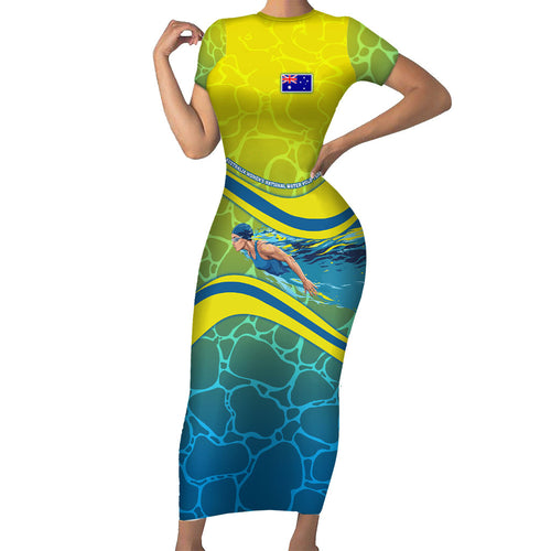 Personalized Australia Water Polo Swimmer Short Sleeve Bodycon Dress Dynamic Swimmer With Wave Pattern And National Colors