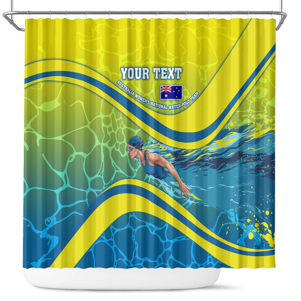 Personalized Australia Water Polo Swimmer Shower Curtain Dynamic Swimmer With Wave Pattern And National Colors
