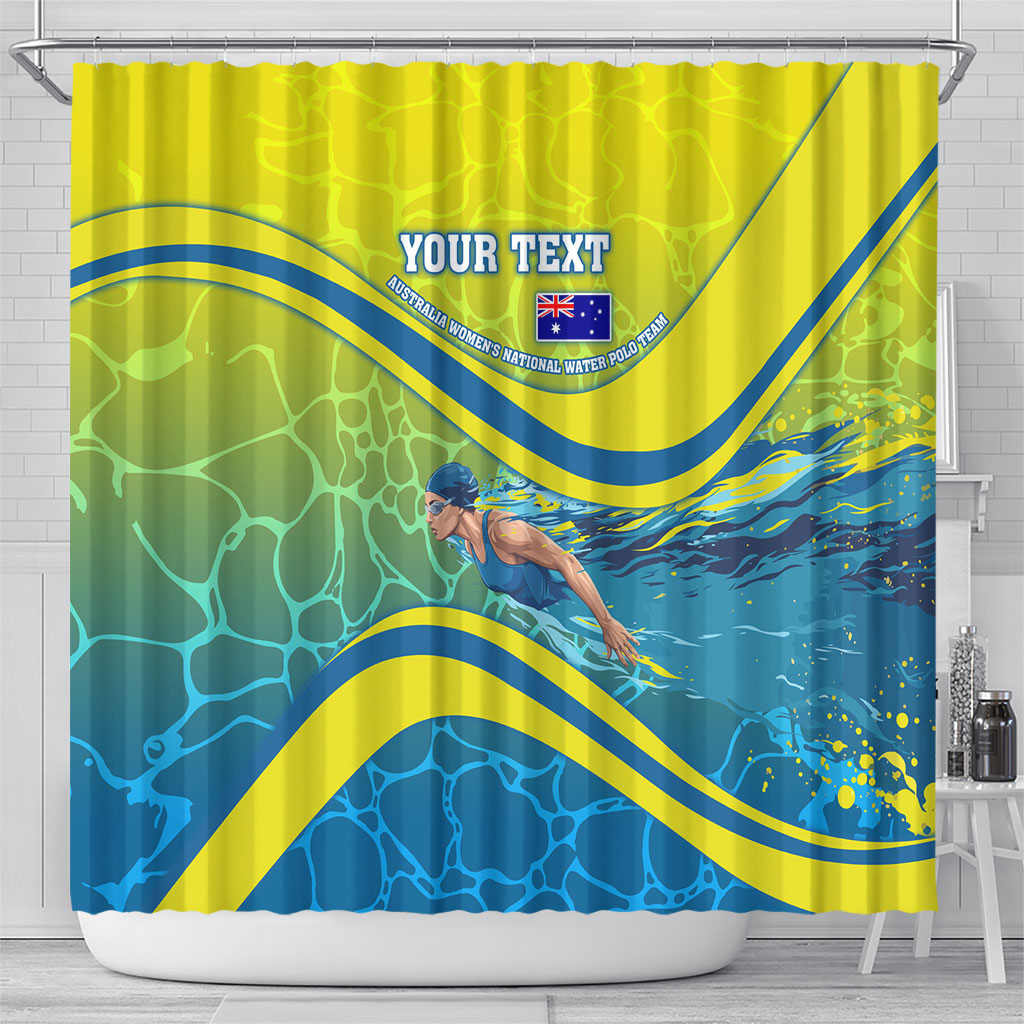 Personalized Australia Water Polo Swimmer Shower Curtain Dynamic Swimmer With Wave Pattern And National Colors