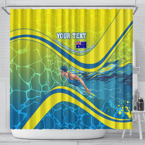 Personalized Australia Water Polo Swimmer Shower Curtain Dynamic Swimmer With Wave Pattern And National Colors