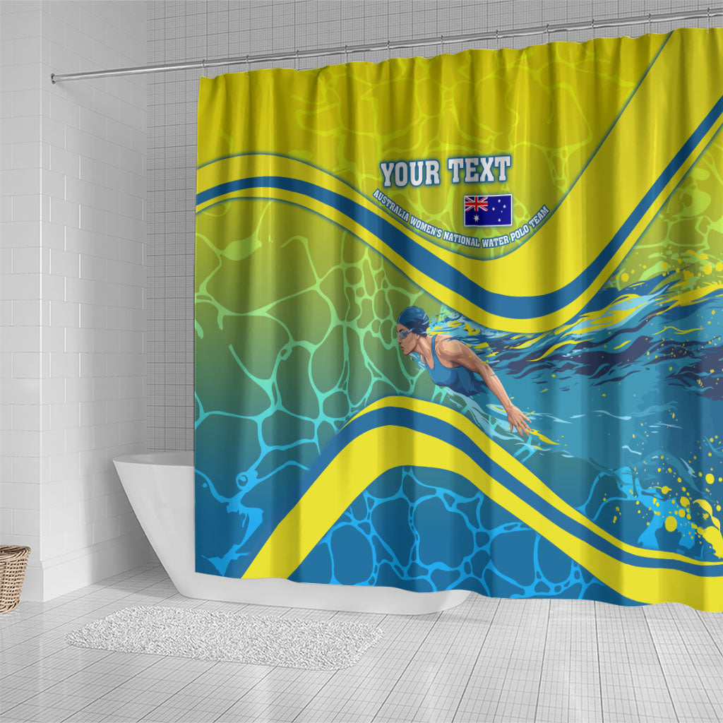 Personalized Australia Water Polo Swimmer Shower Curtain Dynamic Swimmer With Wave Pattern And National Colors
