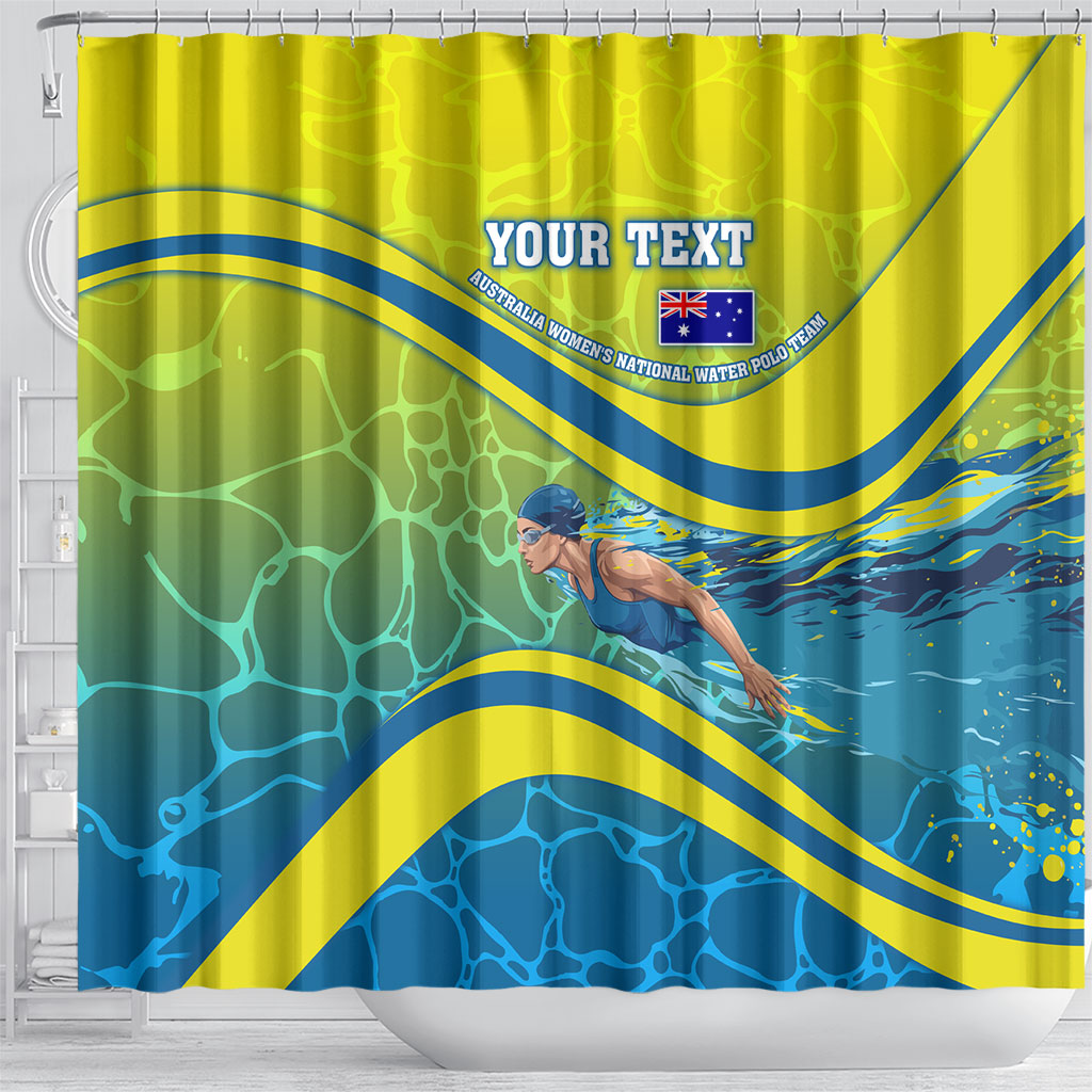 Personalized Australia Water Polo Swimmer Shower Curtain Dynamic Swimmer With Wave Pattern And National Colors