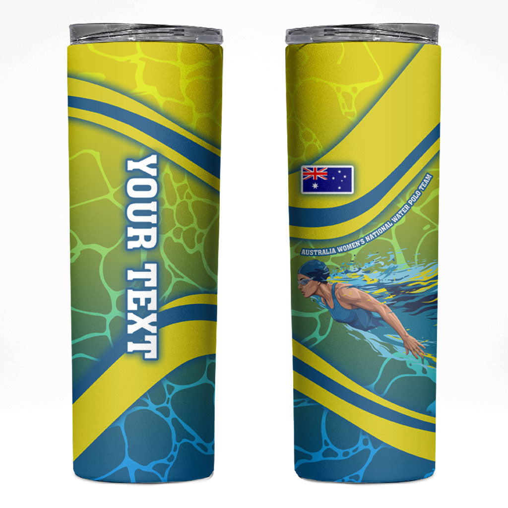Personalized Australia Water Polo Swimmer Skinny Tumbler Dynamic Swimmer With Wave Pattern And National Colors