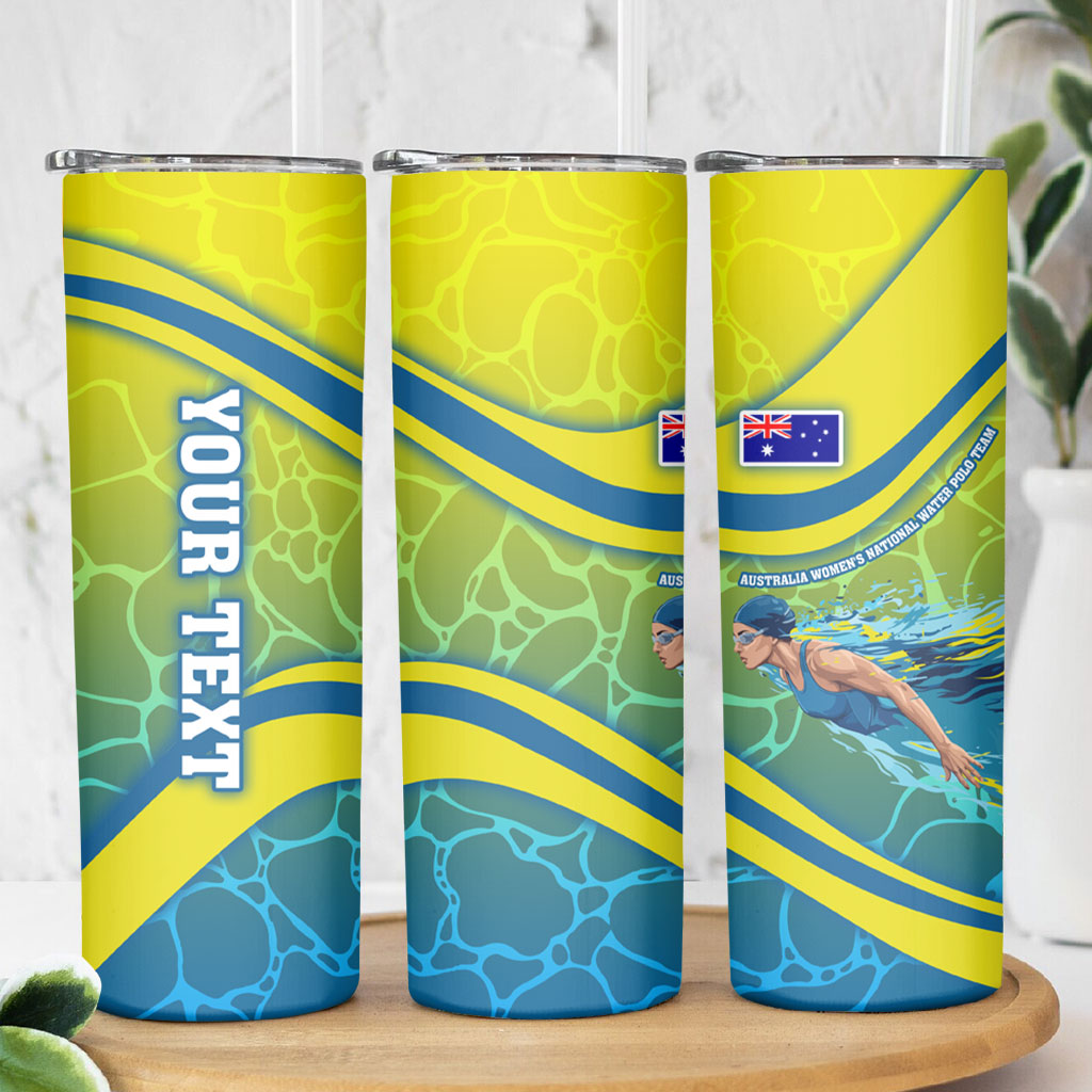 Personalized Australia Water Polo Swimmer Skinny Tumbler Dynamic Swimmer With Wave Pattern And National Colors