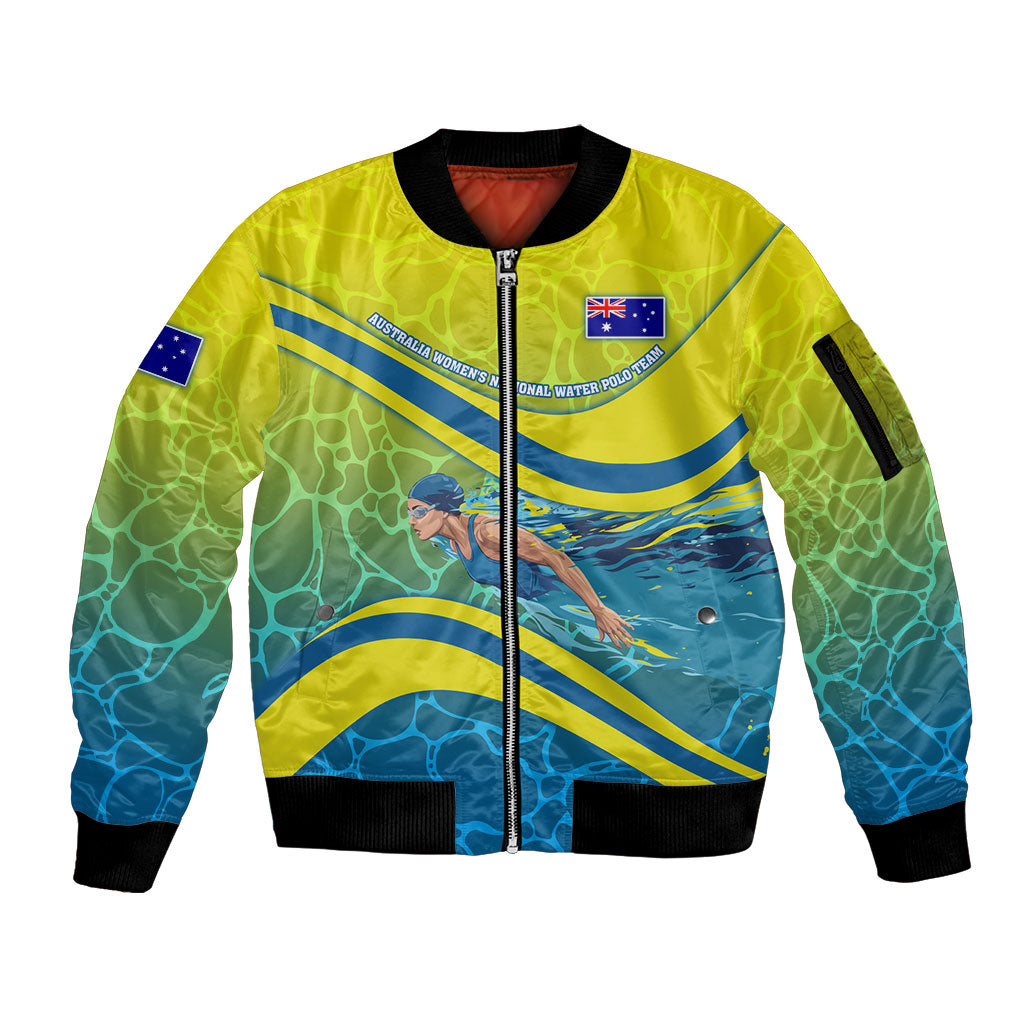 Personalized Australia Water Polo Swimmer Sleeve Zip Bomber Jacket Dynamic Swimmer With Wave Pattern And National Colors