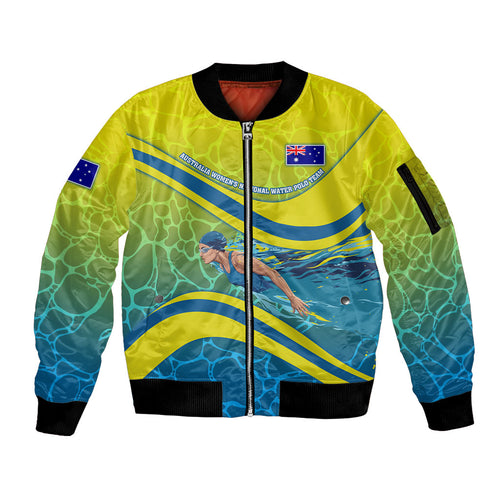 Personalized Australia Water Polo Swimmer Sleeve Zip Bomber Jacket Dynamic Swimmer With Wave Pattern And National Colors