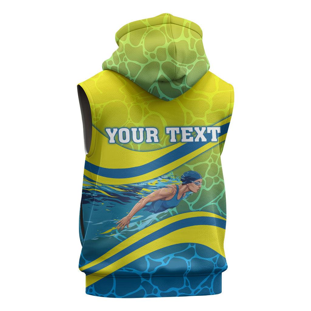Personalized Australia Water Polo Swimmer Sleeveless Hoodie Dynamic Swimmer With Wave Pattern And National Colors