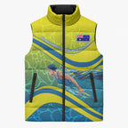 Personalized Australia Water Polo Swimmer Sleeveless Puffer Jacket Dynamic Swimmer With Wave Pattern And National Colors