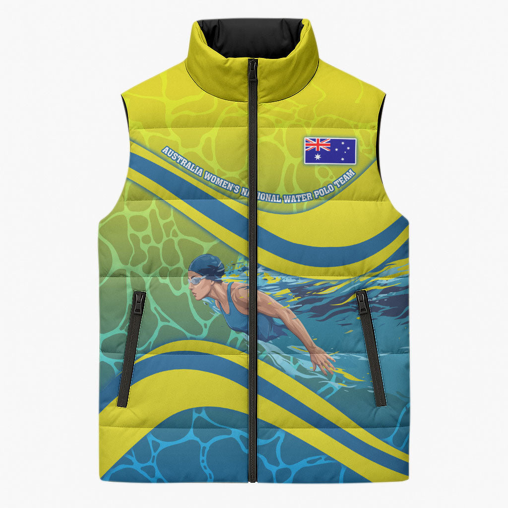 Personalized Australia Water Polo Swimmer Sleeveless Puffer Jacket Dynamic Swimmer With Wave Pattern And National Colors