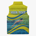 Personalized Australia Water Polo Swimmer Sleeveless Puffer Jacket Dynamic Swimmer With Wave Pattern And National Colors