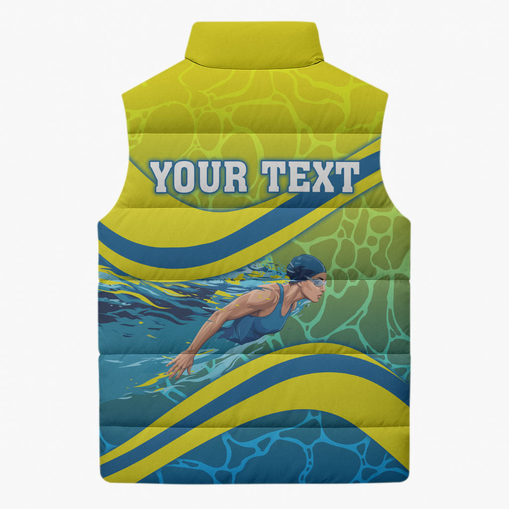 Personalized Australia Water Polo Swimmer Sleeveless Puffer Jacket Dynamic Swimmer With Wave Pattern And National Colors