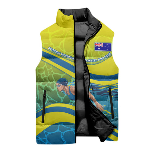 Personalized Australia Water Polo Swimmer Sleeveless Puffer Jacket Dynamic Swimmer With Wave Pattern And National Colors