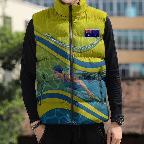 Personalized Australia Water Polo Swimmer Sleeveless Puffer Jacket Dynamic Swimmer With Wave Pattern And National Colors