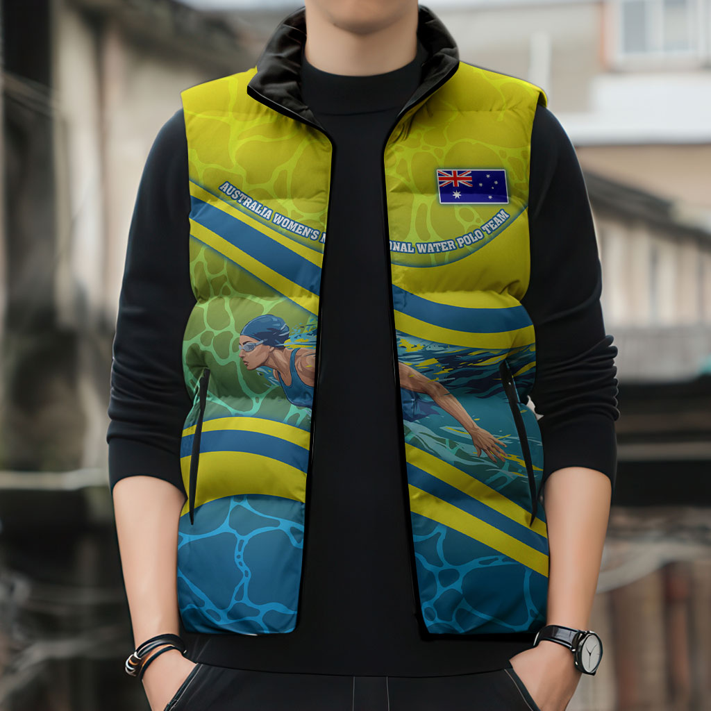 Personalized Australia Water Polo Swimmer Sleeveless Puffer Jacket Dynamic Swimmer With Wave Pattern And National Colors