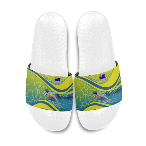 Personalized Australia Water Polo Swimmer Slide Sandals Dynamic Swimmer With Wave Pattern And National Colors