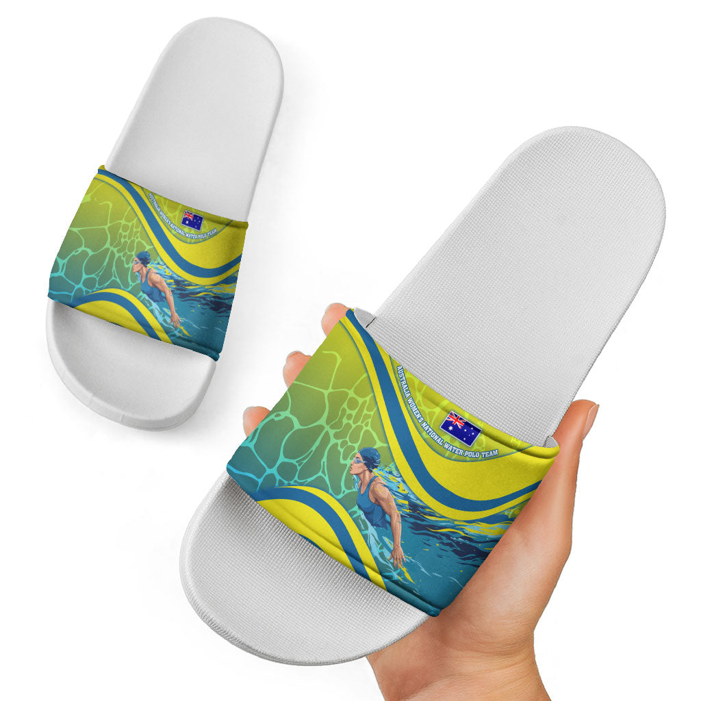 Personalized Australia Water Polo Swimmer Slide Sandals Dynamic Swimmer With Wave Pattern And National Colors