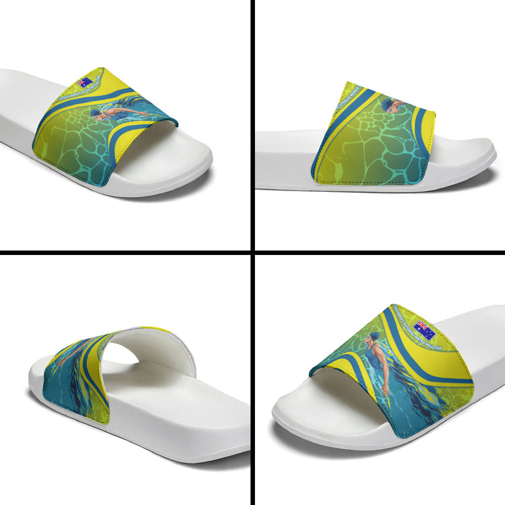 Personalized Australia Water Polo Swimmer Slide Sandals Dynamic Swimmer With Wave Pattern And National Colors