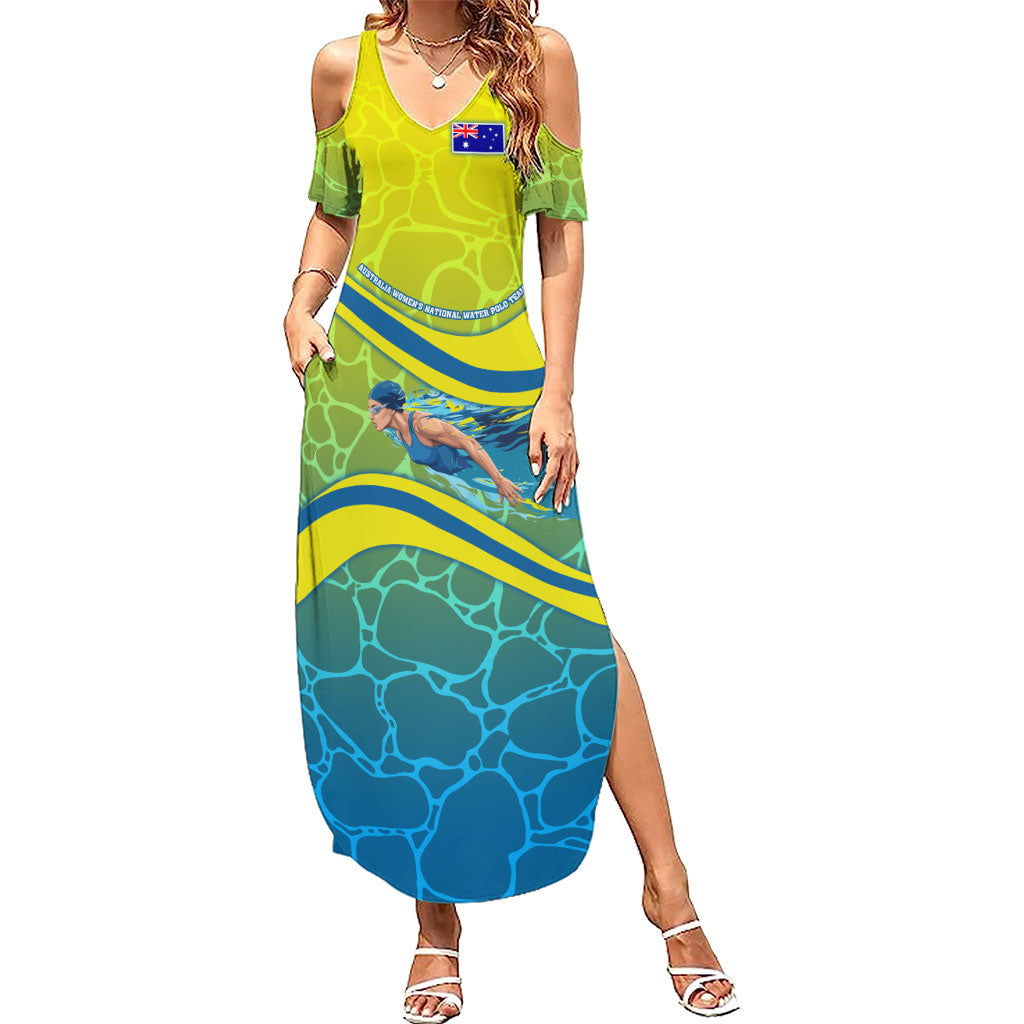 Personalized Australia Water Polo Swimmer Summer Maxi Dress Dynamic Swimmer With Wave Pattern And National Colors
