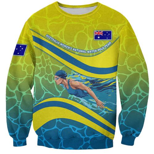 Personalized Australia Water Polo Swimmer Sweatshirt Dynamic Swimmer With Wave Pattern And National Colors