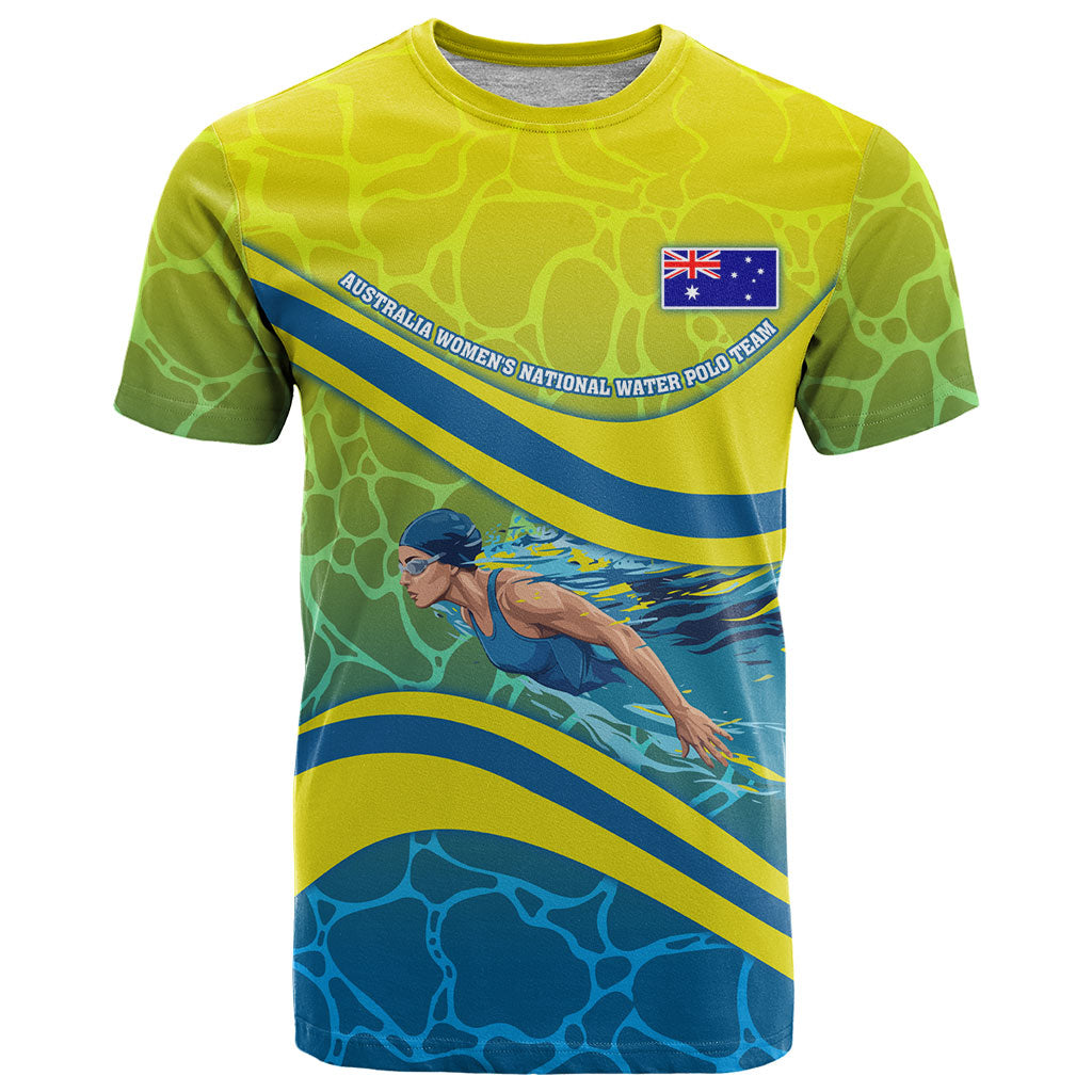 Personalized Australia Water Polo Swimmer T Shirt Dynamic Swimmer With Wave Pattern And National Colors
