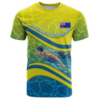 Personalized Australia Water Polo Swimmer T Shirt Dynamic Swimmer With Wave Pattern And National Colors