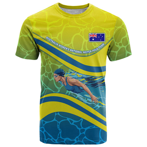 Personalized Australia Water Polo Swimmer T Shirt Dynamic Swimmer With Wave Pattern And National Colors