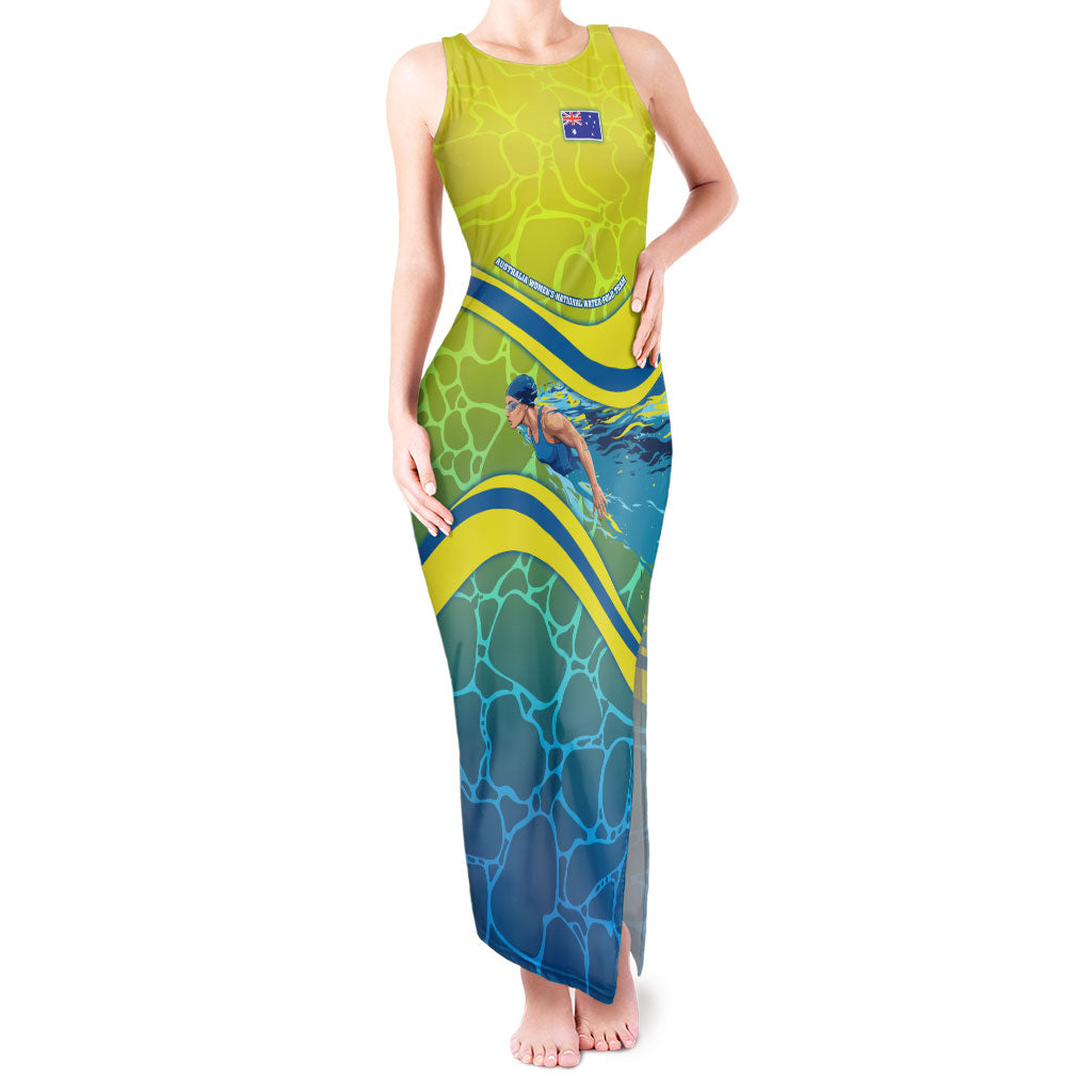 Personalized Australia Water Polo Swimmer Tank Maxi Dress Dynamic Swimmer With Wave Pattern And National Colors