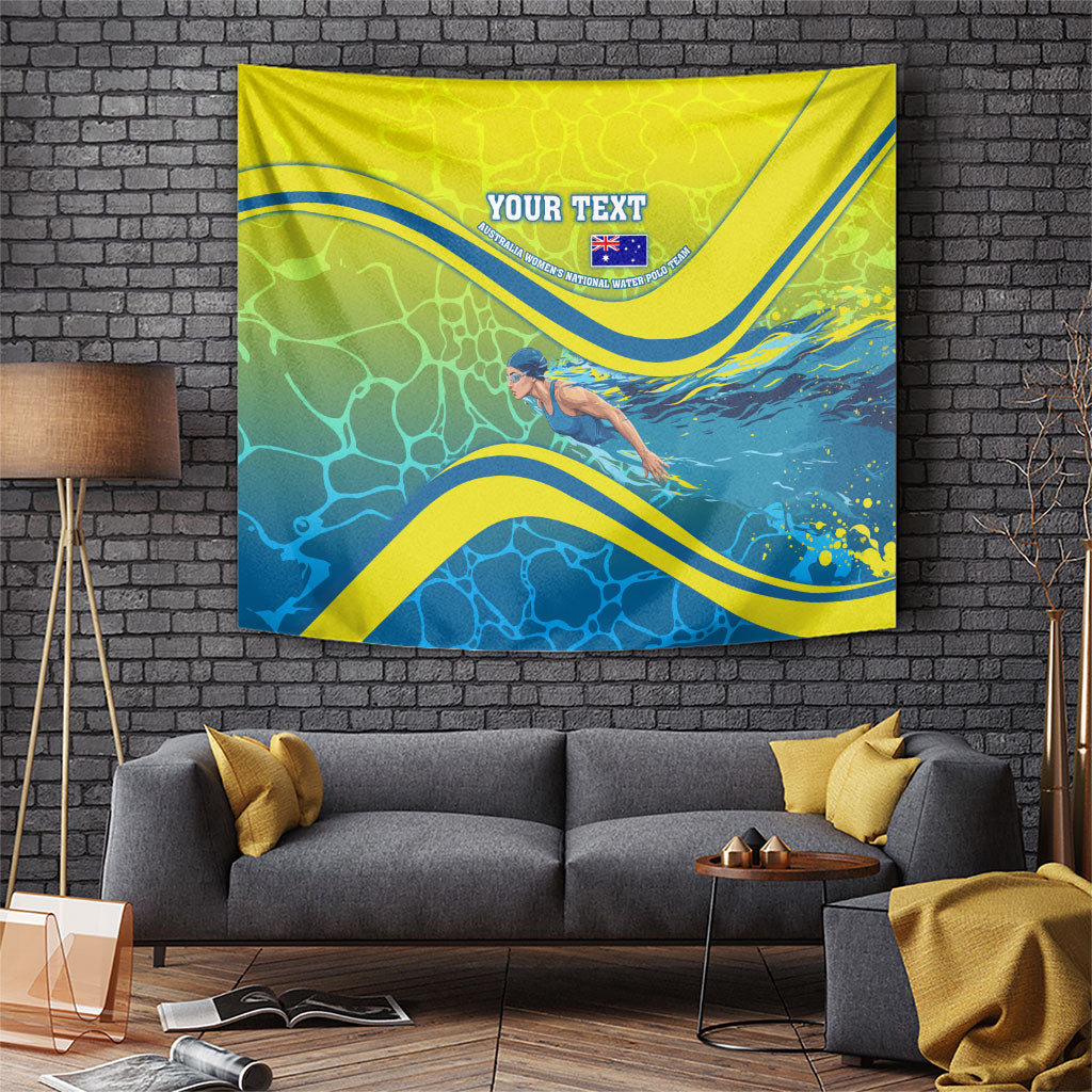 Personalized Australia Water Polo Swimmer Tapestry Dynamic Swimmer With Wave Pattern And National Colors