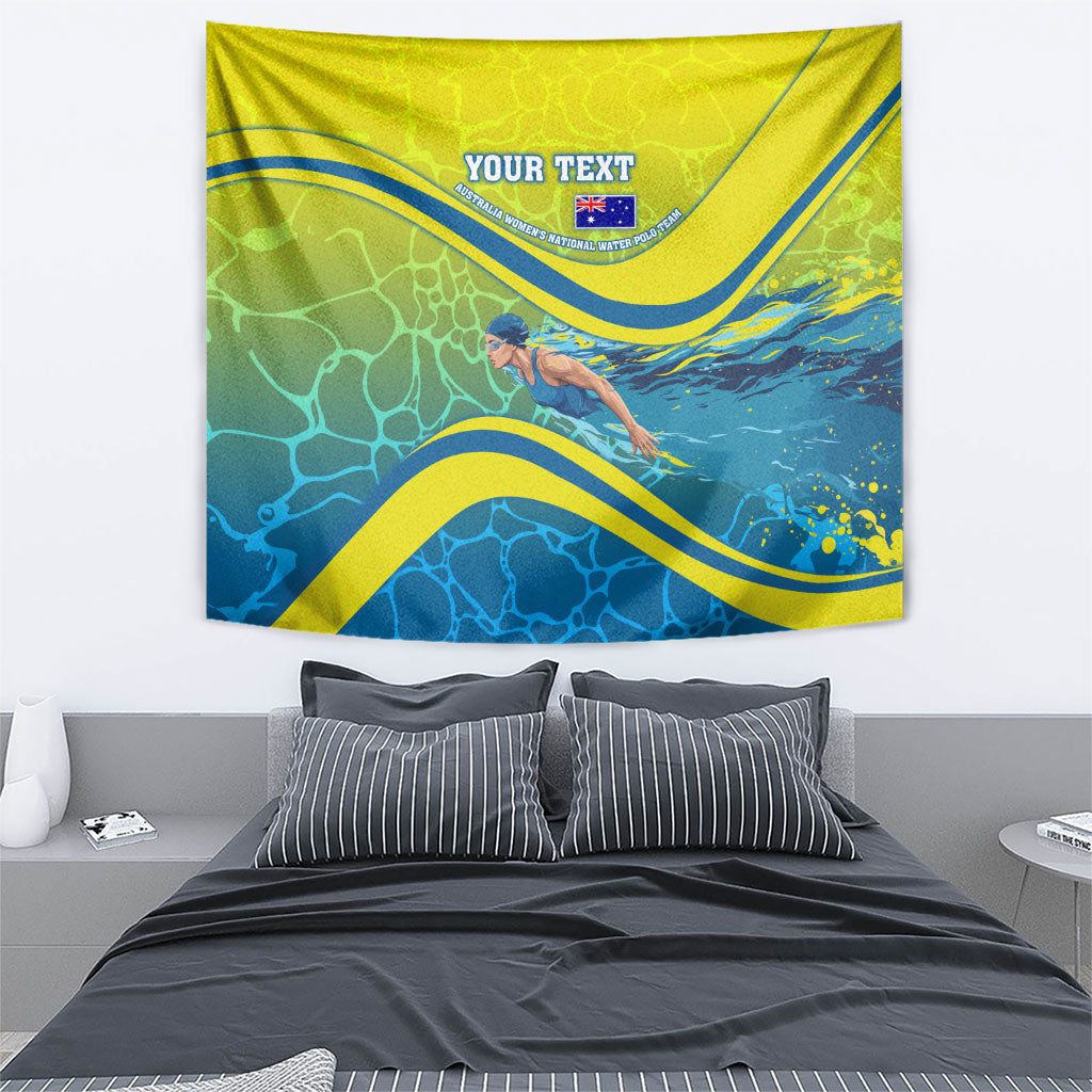 Personalized Australia Water Polo Swimmer Tapestry Dynamic Swimmer With Wave Pattern And National Colors