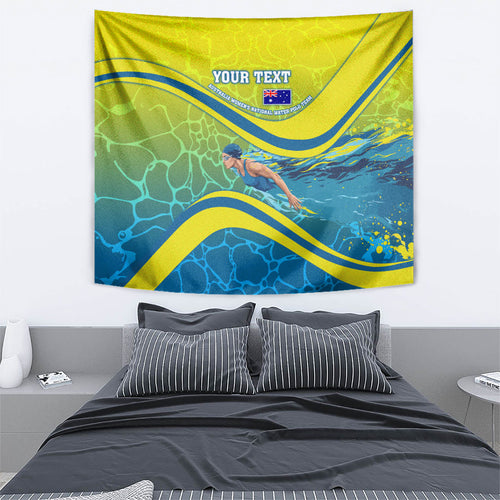 Personalized Australia Water Polo Swimmer Tapestry Dynamic Swimmer With Wave Pattern And National Colors