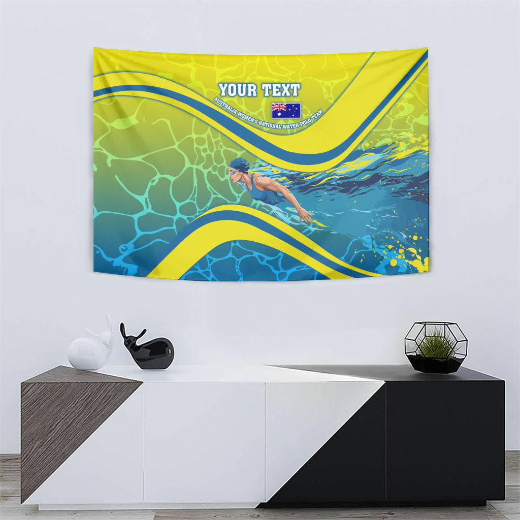 Personalized Australia Water Polo Swimmer Tapestry Dynamic Swimmer With Wave Pattern And National Colors