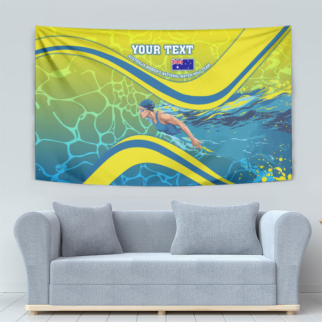 Personalized Australia Water Polo Swimmer Tapestry Dynamic Swimmer With Wave Pattern And National Colors