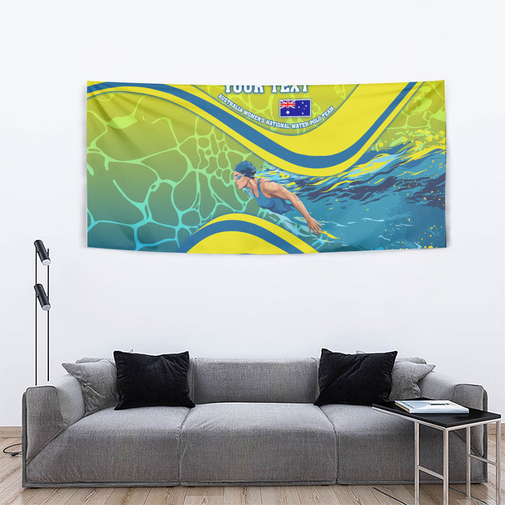 Personalized Australia Water Polo Swimmer Tapestry Dynamic Swimmer With Wave Pattern And National Colors