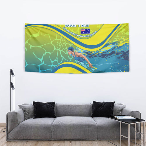 Personalized Australia Water Polo Swimmer Tapestry Dynamic Swimmer With Wave Pattern And National Colors