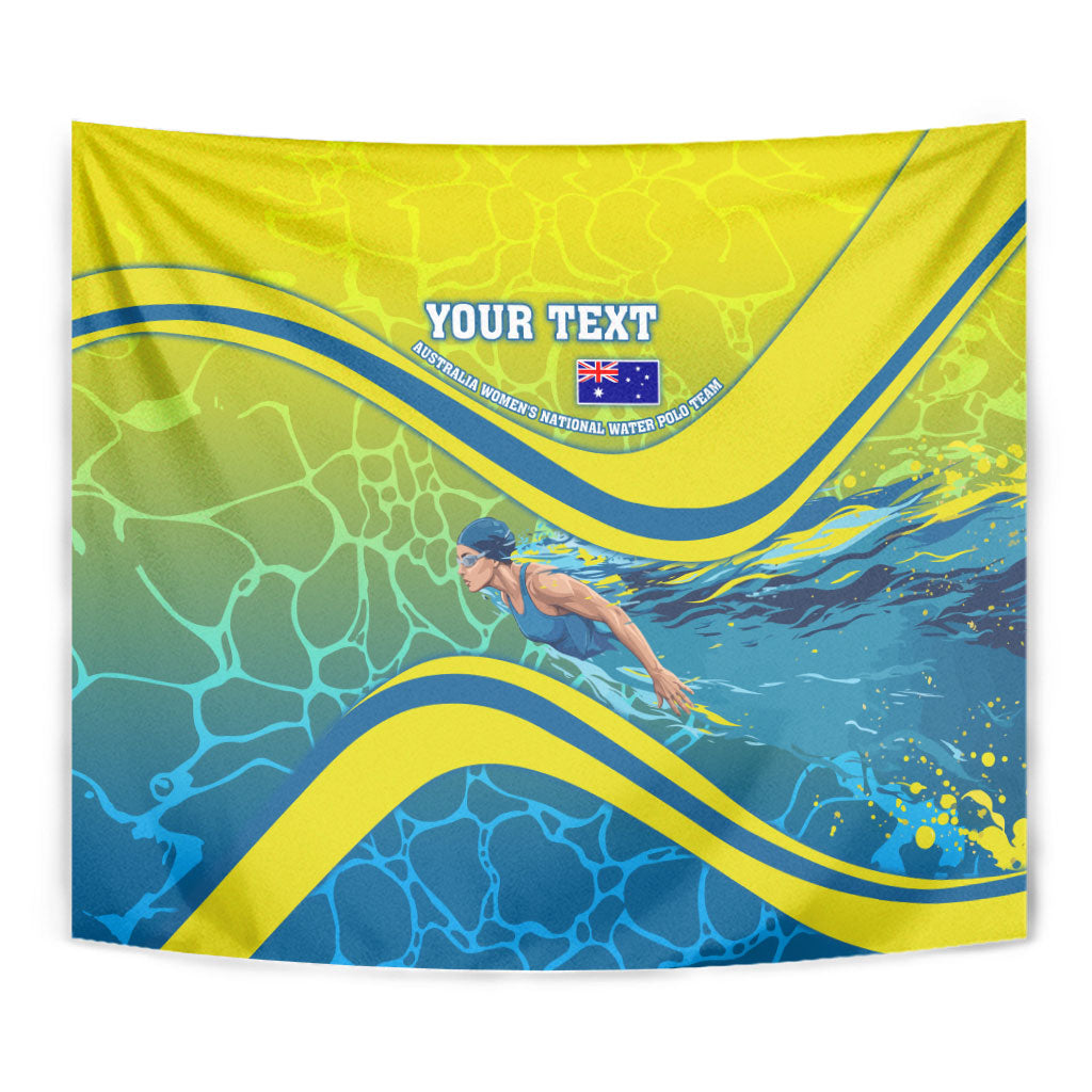 Personalized Australia Water Polo Swimmer Tapestry Dynamic Swimmer With Wave Pattern And National Colors