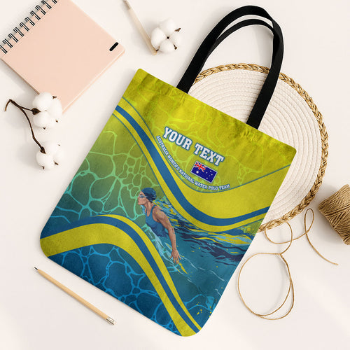 Personalized Australia Water Polo Swimmer Tote Bag Dynamic Swimmer With Wave Pattern And National Colors