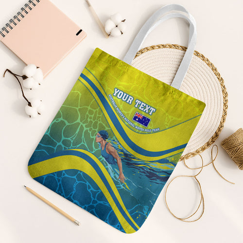 Personalized Australia Water Polo Swimmer Tote Bag Dynamic Swimmer With Wave Pattern And National Colors