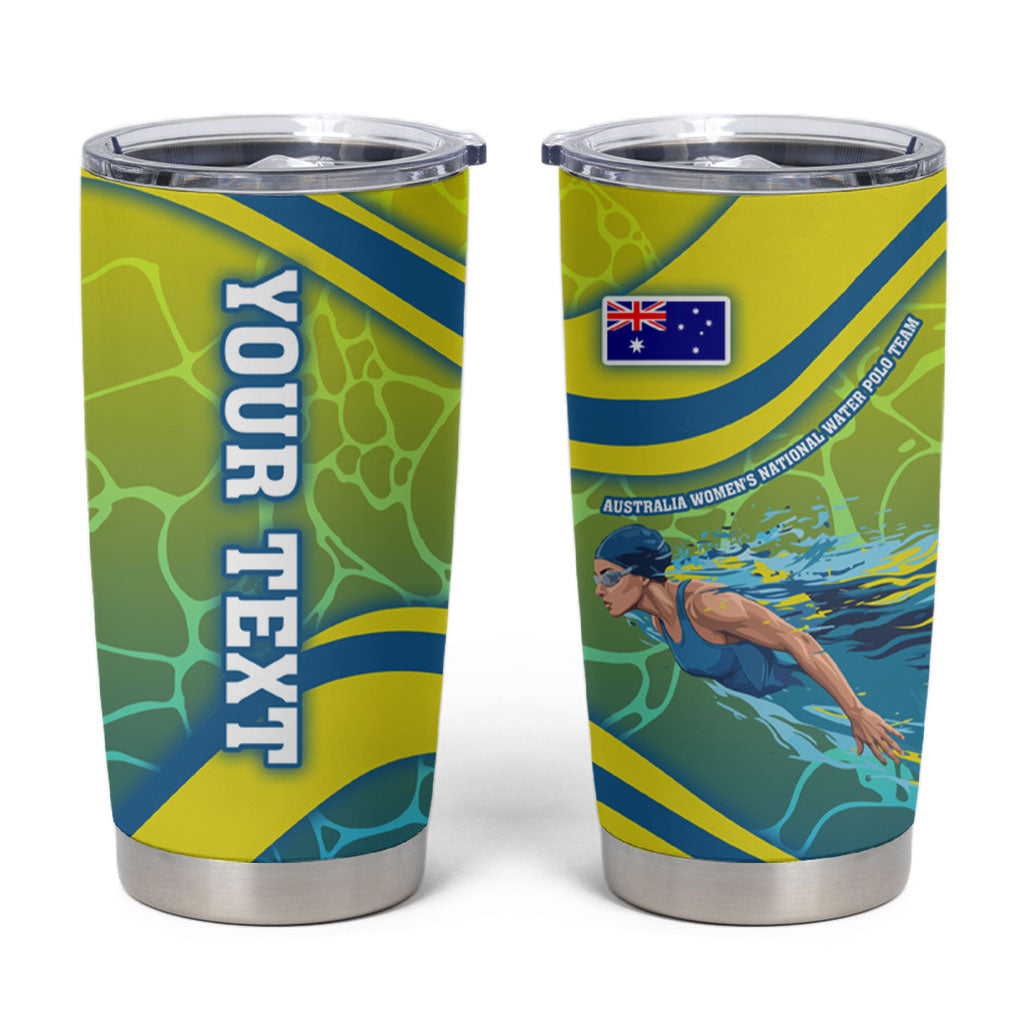 Personalized Australia Water Polo Swimmer Tumbler Cup Dynamic Swimmer With Wave Pattern And National Colors