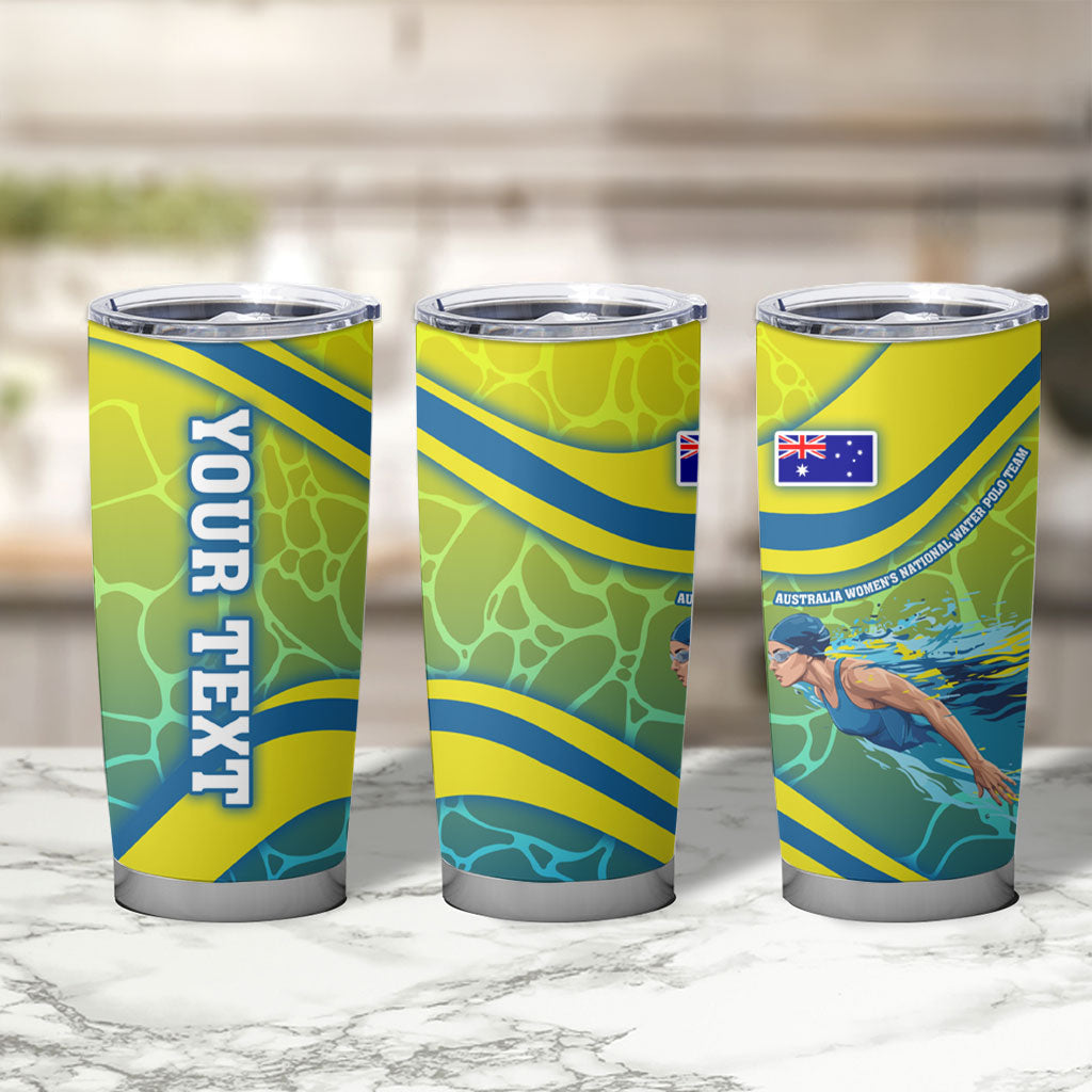 Personalized Australia Water Polo Swimmer Tumbler Cup Dynamic Swimmer With Wave Pattern And National Colors
