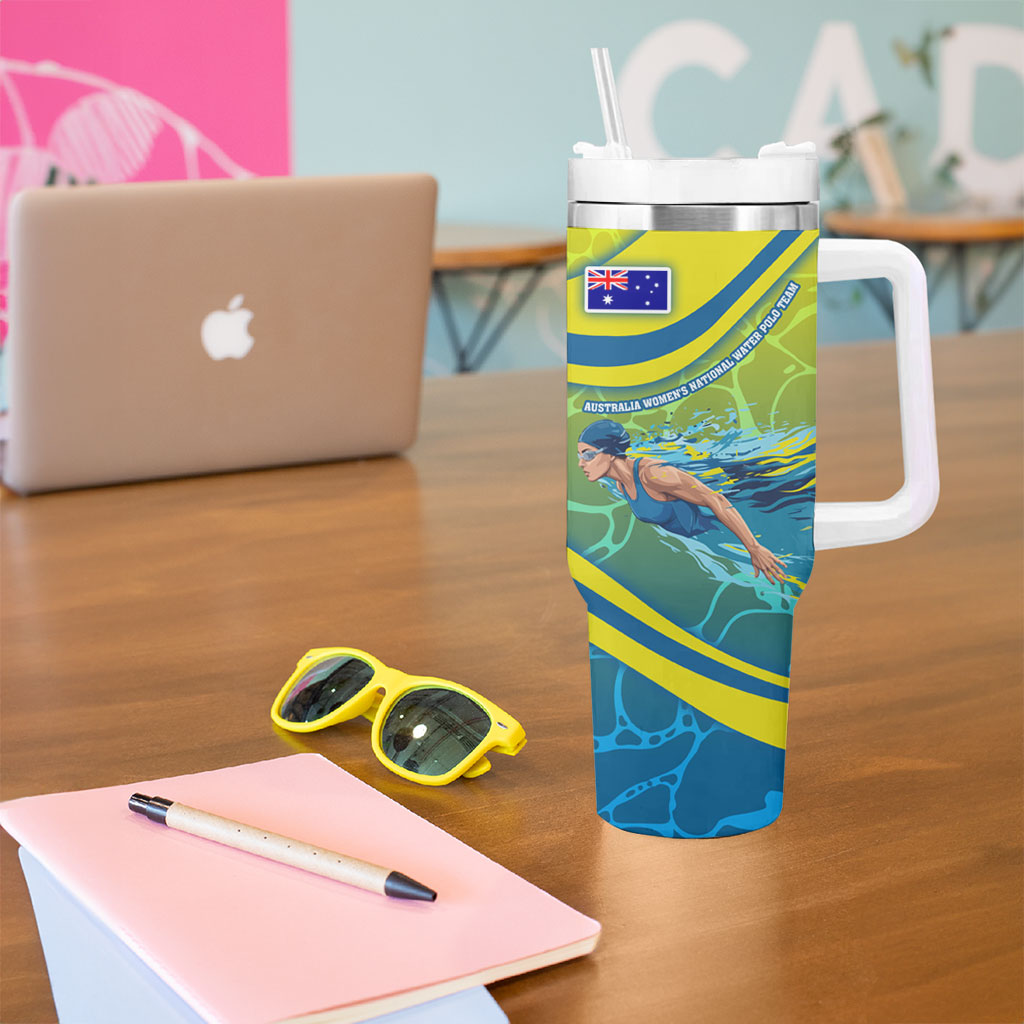 Personalized Australia Water Polo Swimmer Tumbler With Handle Dynamic Swimmer With Wave Pattern And National Colors