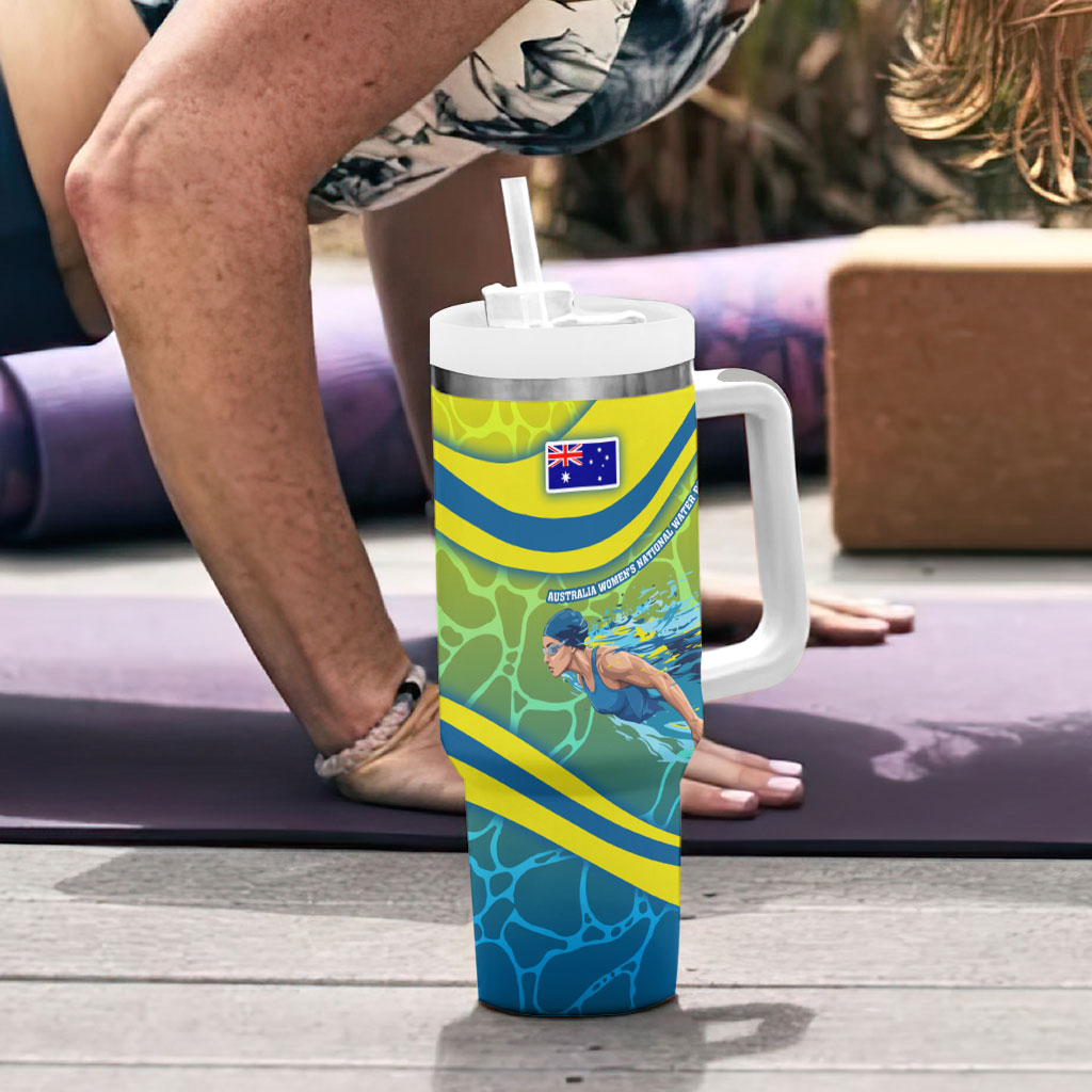 Personalized Australia Water Polo Swimmer Tumbler With Handle Dynamic Swimmer With Wave Pattern And National Colors
