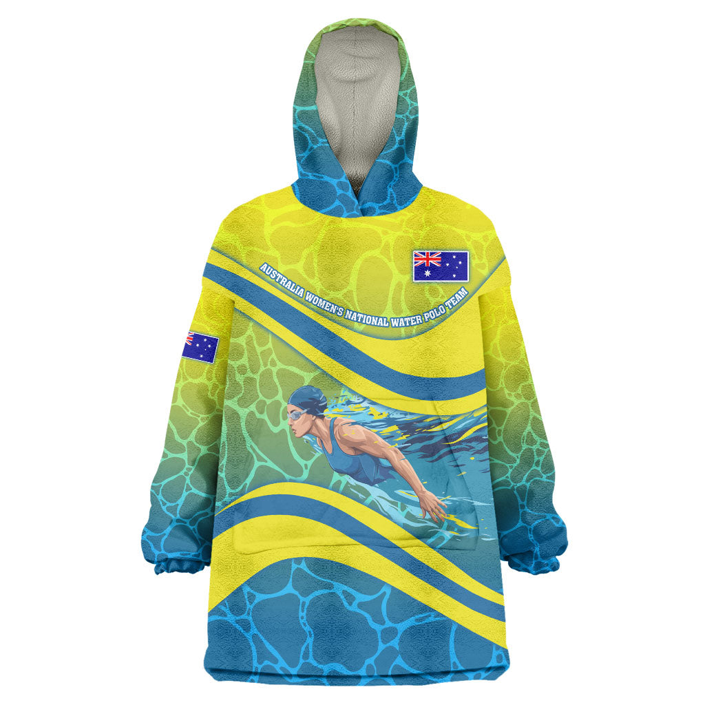 Personalized Australia Water Polo Swimmer Wearable Blanket Hoodie Dynamic Swimmer With Wave Pattern And National Colors