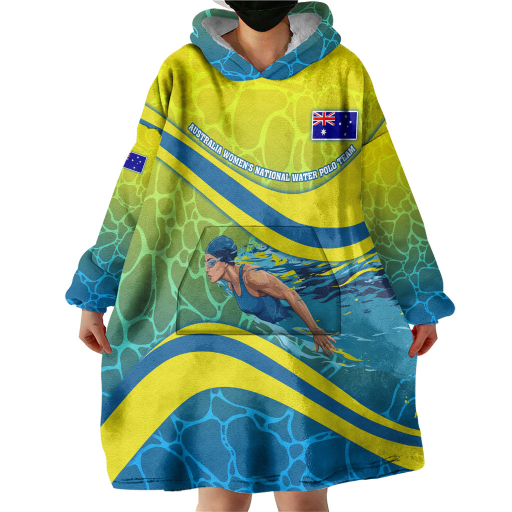 Personalized Australia Water Polo Swimmer Wearable Blanket Hoodie Dynamic Swimmer With Wave Pattern And National Colors