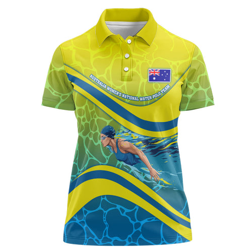 Personalized Australia Water Polo Swimmer Women Polo Shirt Dynamic Swimmer With Wave Pattern And National Colors