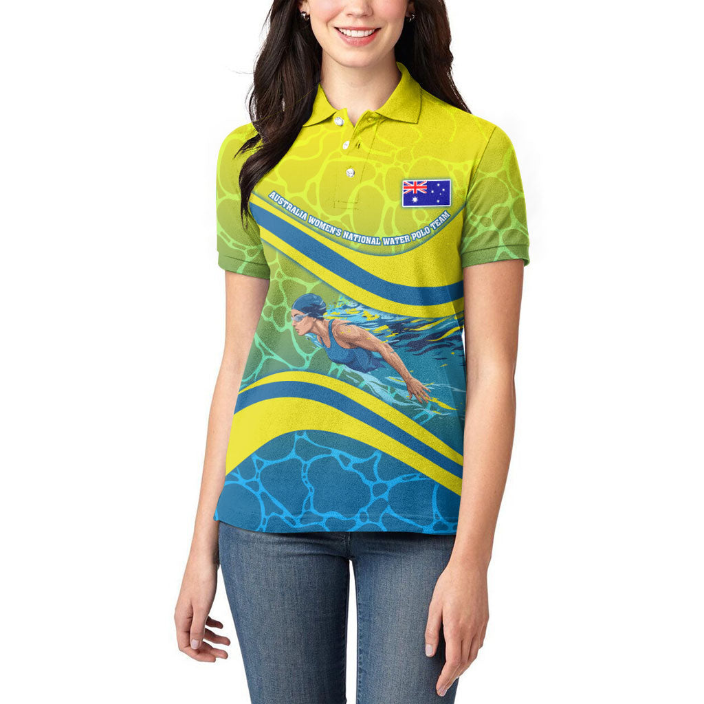 Personalized Australia Water Polo Swimmer Women Polo Shirt Dynamic Swimmer With Wave Pattern And National Colors