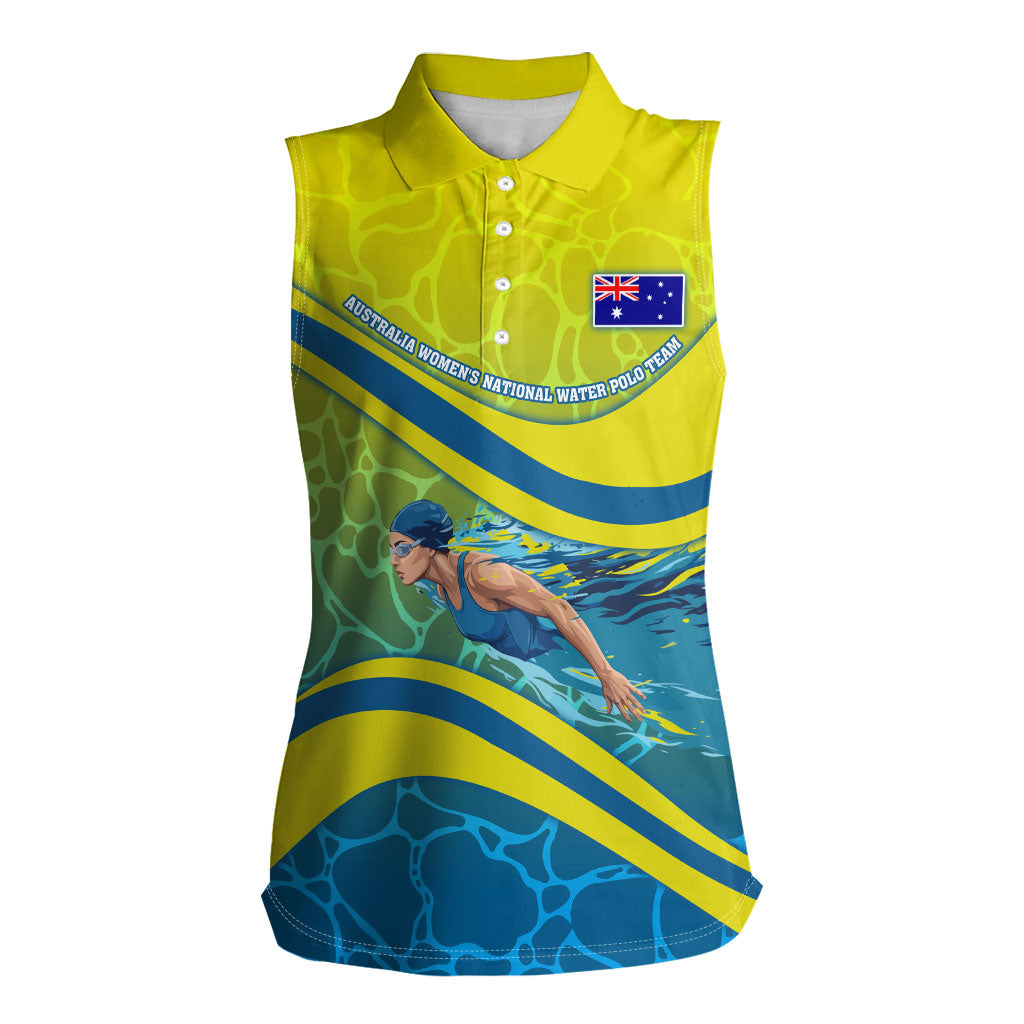 Personalized Australia Water Polo Swimmer Women Sleeveless Polo Shirt Dynamic Swimmer With Wave Pattern And National Colors