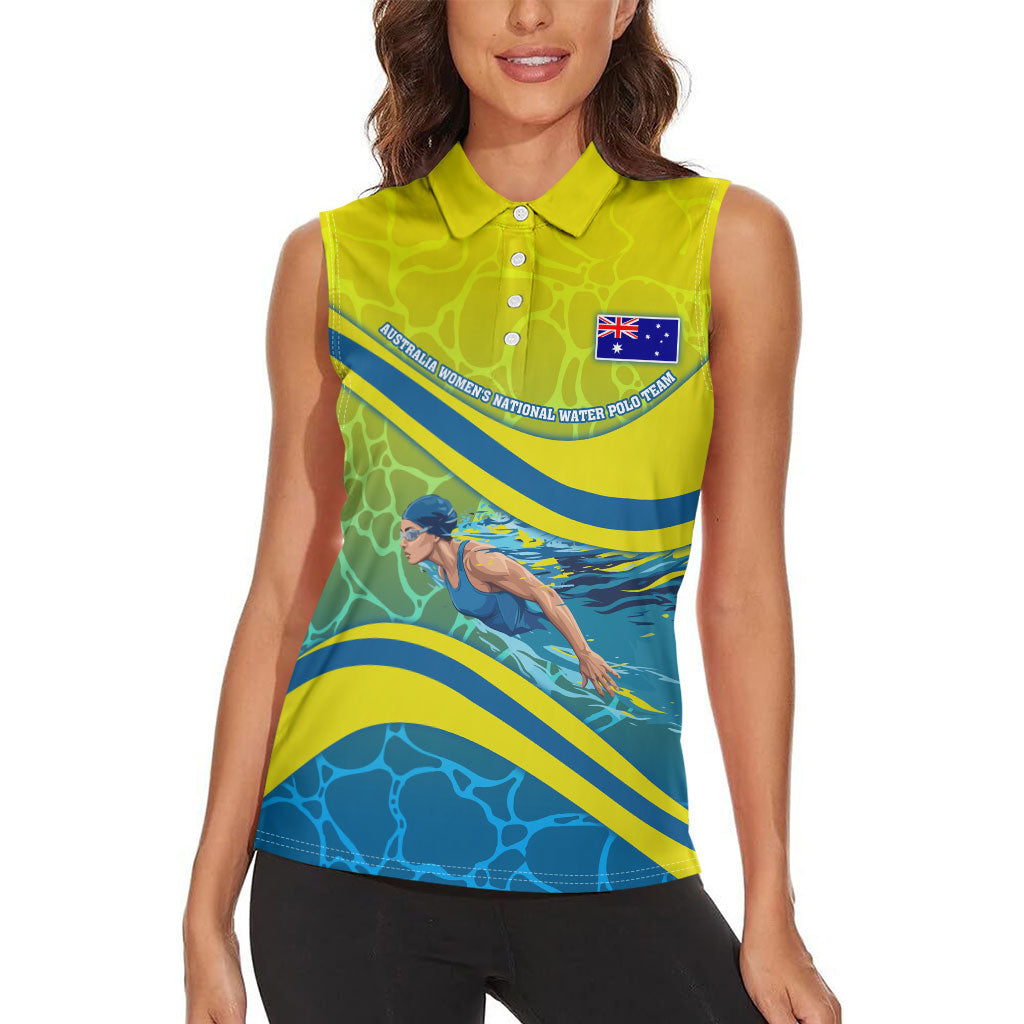 Personalized Australia Water Polo Swimmer Women Sleeveless Polo Shirt Dynamic Swimmer With Wave Pattern And National Colors