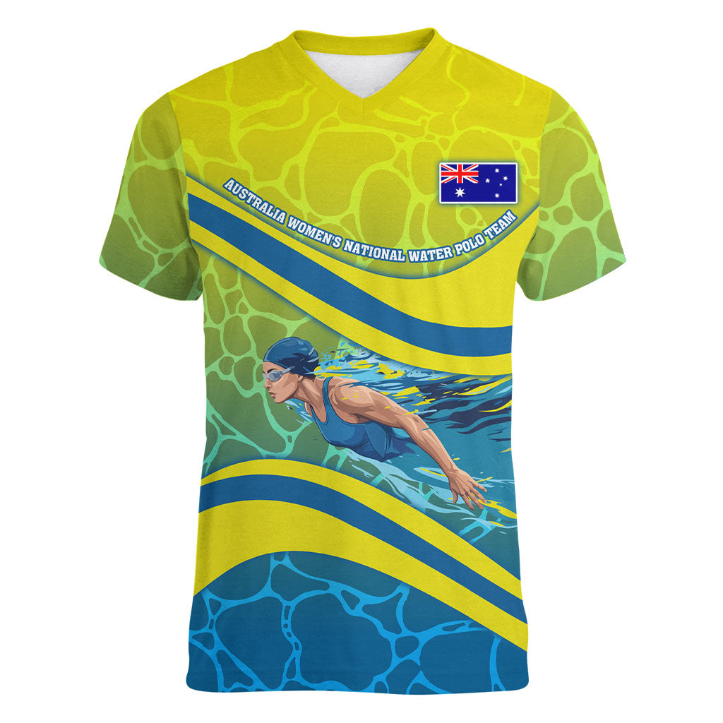 Personalized Australia Water Polo Swimmer Women V-Neck T-Shirt Dynamic Swimmer With Wave Pattern And National Colors