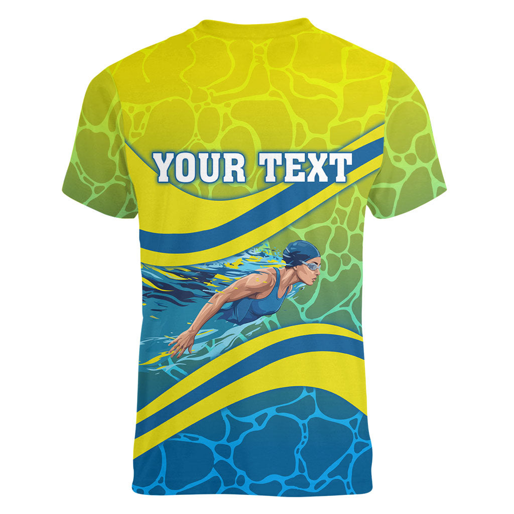 Personalized Australia Water Polo Swimmer Women V-Neck T-Shirt Dynamic Swimmer With Wave Pattern And National Colors